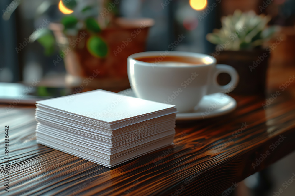 Stack of blank business cards sitting on rustic wooden table with cup of coffee Stack of blank business cards sitting on rustic wooden table with cup of coffee
