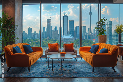 Modern office lobby overlooking a sunny city skyline