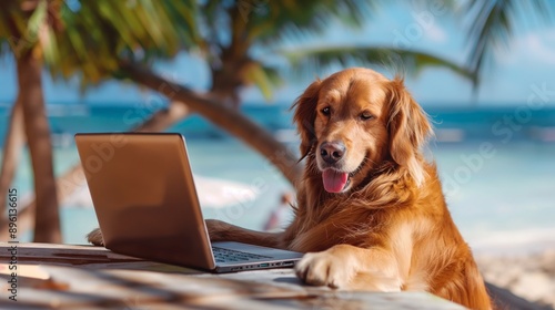 Dog Working on Laptop at Beach. © vlntn
