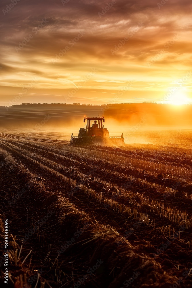 Fototapeta premium Morning Sunrise Over Field with Rotary Tiller Preparing Soil for Farming - Agriculture, Rural Scene