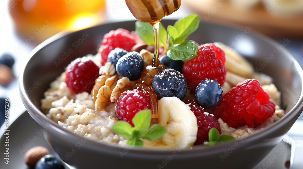 hearty bowl of oatmeal topped with fresh fruits, nuts, and a drizzle of honey hearty bowl of oatmeal topped with fresh fruits, nuts, and a drizzle of honey