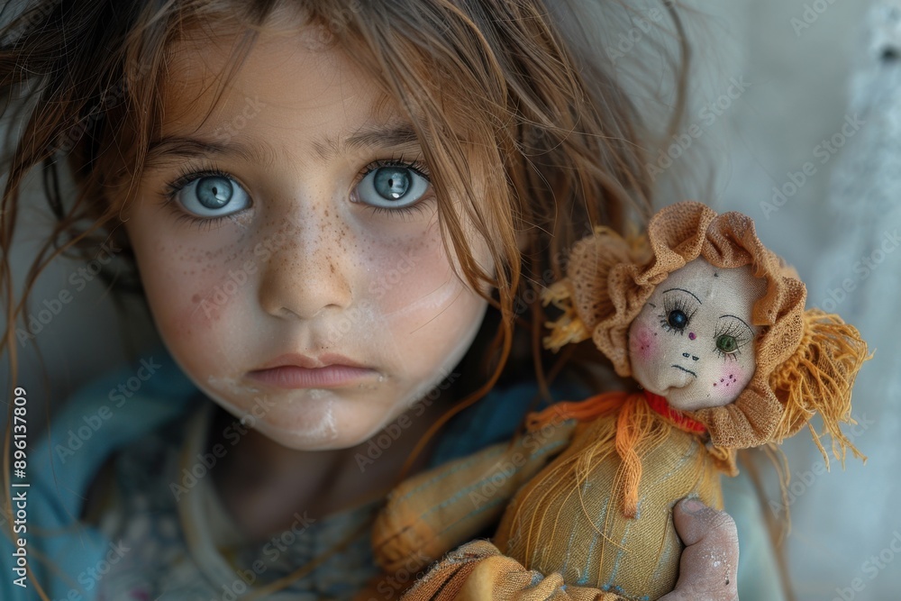 Little girl holding a doll with a lion on it, Portrait Little girl holding a doll with a lion on it, Portrait
