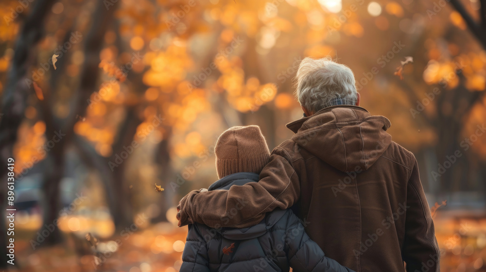 Fototapeta premium Elderly Couple Walking in Autumn Park with Colorful Foliage and Warm Clothing