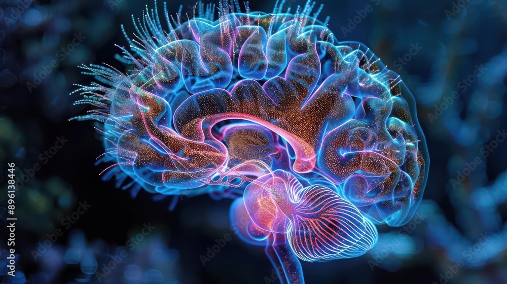 Fototapeta premium Vibrant illustration of a human brain with colorful neural connections, showcasing the beauty and complexity of the mind.