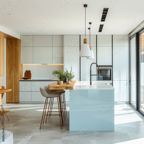 Modern Japanese Minimalist Kitchen: Sleek White and Blue Design with Wooden Accents, Island, and Resin Flooring. Elegant 4K Wallpaper Showcasing Contemporary Aesthetics, Clean Lines, and Zen-inspired 