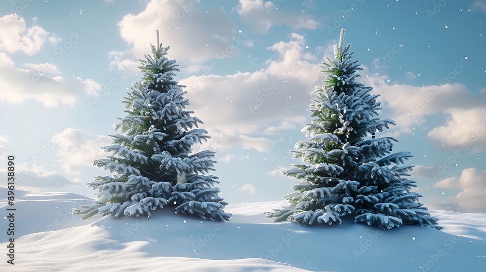 A pair of snow-covered evergreen trees standing tall in a snowy landscape A pair of snow-covered evergreen trees standing tall in a snowy landscape