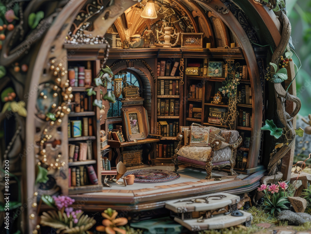 Obraz premium Miniature Fantasy Library Detailed in Illustration: A Realm of Books and Wonder