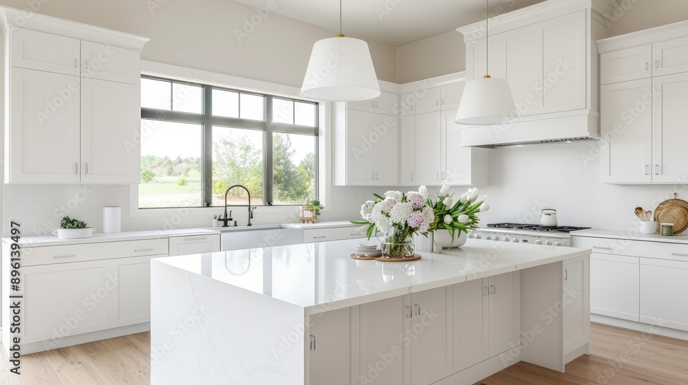 A bright and airy kitchen with white cabinets, a large island, and fresh flowers, with copy space, high-resolution photo, realistic photo, hyper realistic A bright and airy kitchen with white cabinets, a large island, and fresh flowers, with copy space, high-resolution photo, realistic photo, hyper realistic