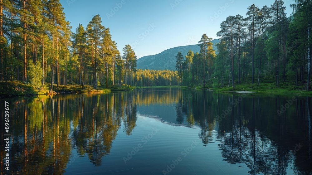 Serene Forest Lake at Sunrise with Reflective Water and Majestic Mountain in the Background Serene Forest Lake at Sunrise with Reflective Water and Majestic Mountain in the Background