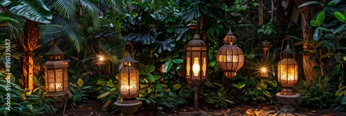 A collection of intricate Arabic lanterns illuminate a lush garden setting at dusk, casting warm glows amongst the dense foliage © Ilia Nesolenyi