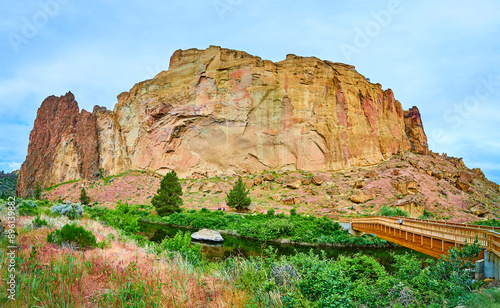 Smith Rock Layers Over River and Bridge from Elevated View photo