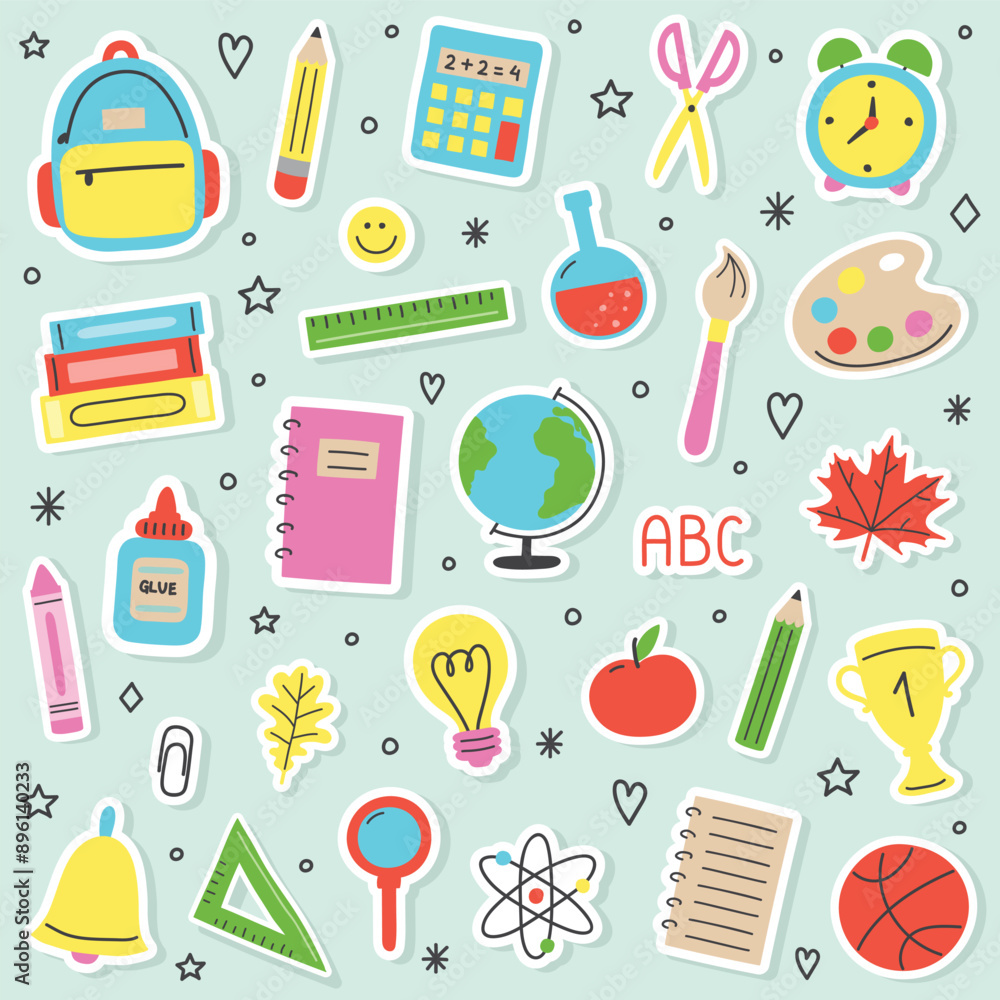 Back to School icon set. Colourful hand drawn style supply stickers. Vector illustration Back to School icon set. Colourful hand drawn style supply stickers. Vector illustration