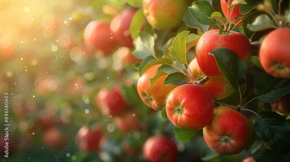 A detailed shot of an apple tree branch with clusters of ripe apples ready for picking. The background shows a lush orchard filled with similar trees, creating a sense of abundance and readiness for A detailed shot of an apple tree branch with clusters of ripe apples ready for picking. The background shows a lush orchard filled with similar trees, creating a sense of abundance and readiness for