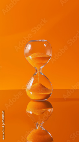 Orange hourglass with sand flowing, studio shot