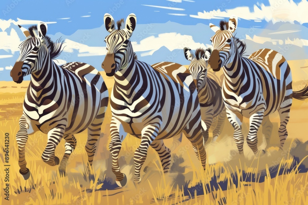 Fototapeta premium A group of zebras kicking up dust as they gallop across the open plains, their distinctive stripes standing out against the grass.