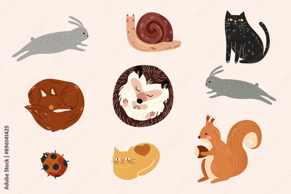Autumn set of vector hand-drawn icons. Set of autumn forest plants, leaf and forest animals. Vector bunny, fox, hedgehog, squirrel and snail Autumn set of vector hand-drawn icons. Set of autumn forest plants, leaf and forest animals. Vector bunny, fox, hedgehog, squirrel and snail