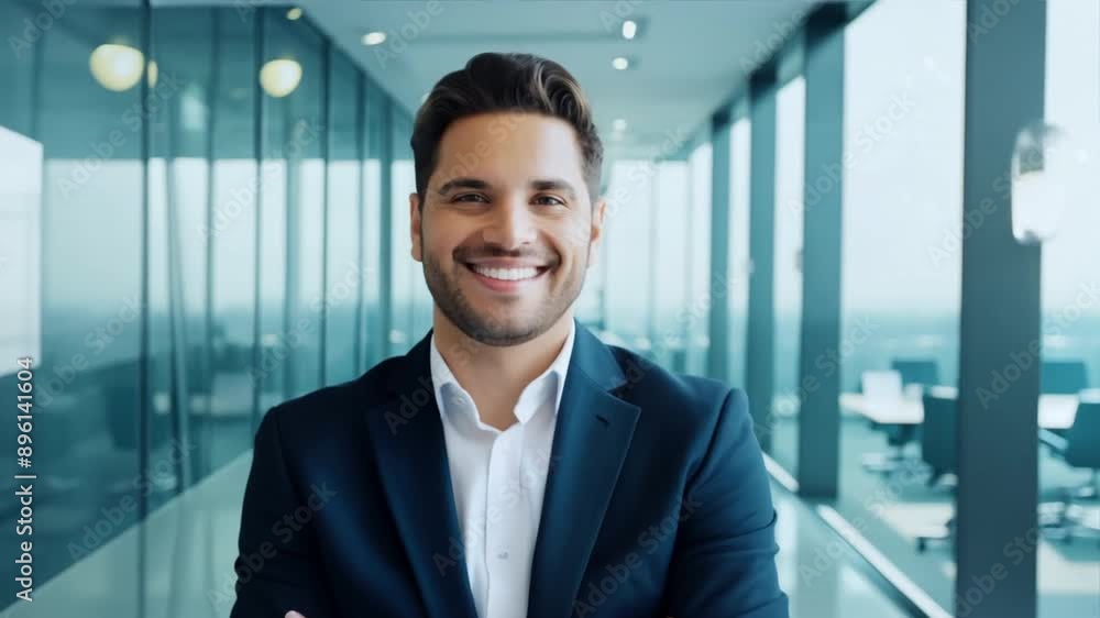 A confident businessman in a suit smiling at the camera in an office setting A confident businessman in a suit smiling at the camera in an office setting