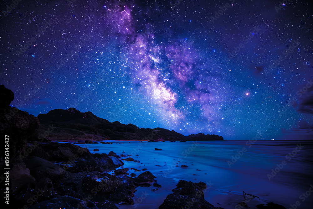 Naklejka premium Starburst Galaxy Visible in the Night Sky: A Distant Cosmic Wonder