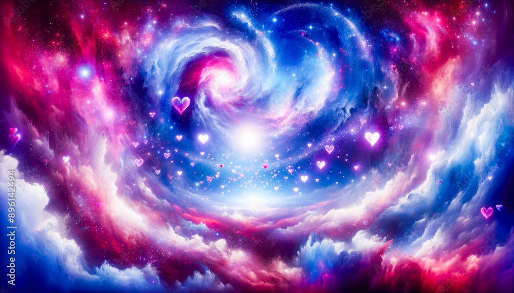 Obraz premium A swirling galaxy of pink and blue with a bright center and glowing stars, with pink hearts floating in the air