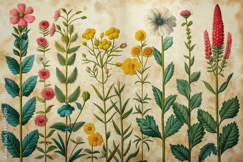 A Botanical Illustration of Various Flowers and Plants on Paper