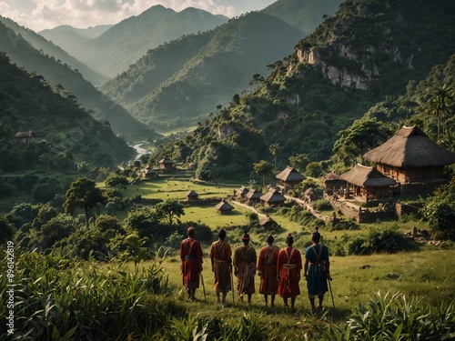 An ancient mysterious tribe with residents wearing traditional clothes, and a lush valley in the background.