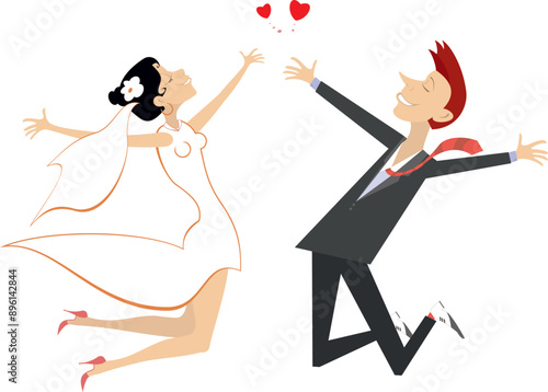Happy married wedding couple. Heart shape.
Wedding ceremony. Happy jumping married wedding couple. Isolated on white background
