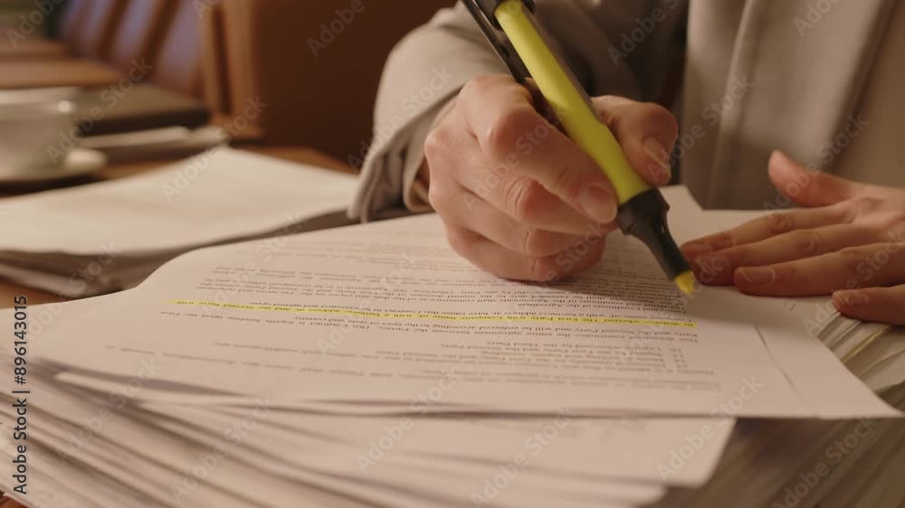 Close-up view of unrecognisable business person highlighting lines in document on top of pile of papers using yellow textmarker