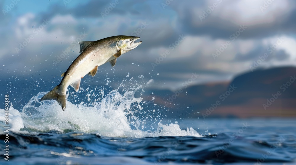 Fototapeta premium A salmon leaping out of the ocean waves, illustrating the beauty and power of marine life in a natural setting.