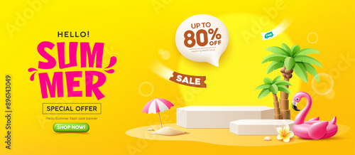 Summer podium display, Pink flamingo inflatable swimming pool, coconut trees, pile of sand, beach umbrella, banner design, on sand beach yellow background, EPS 10 vector illustration
