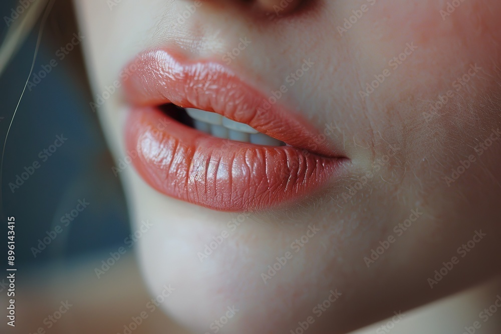 Fototapeta premium Close-up shot of a woman lips. Beauty injections concept. Peachy lipstick. Fashion make up. Cosmetology, drugstore or fashion makeup.