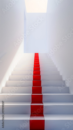 White stairs with red carpet leading up © LabirintStudio