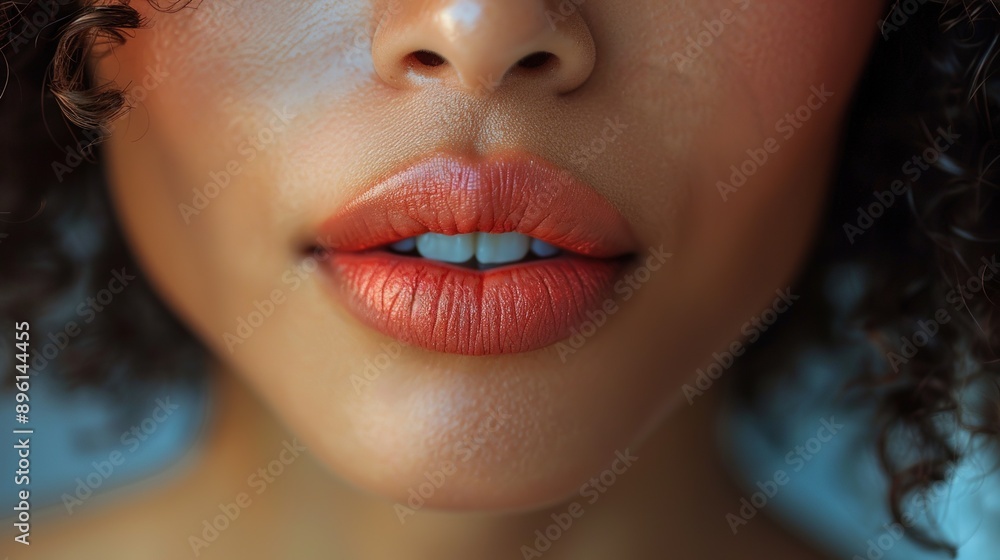 Fototapeta premium Close-up shot of a woman lips. Beauty injections concept. Peachy lipstick. Fashion make up. Cosmetology, drugstore or fashion makeup.