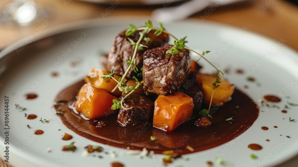 Plated venison stew with root vegetables in a rich sauce
