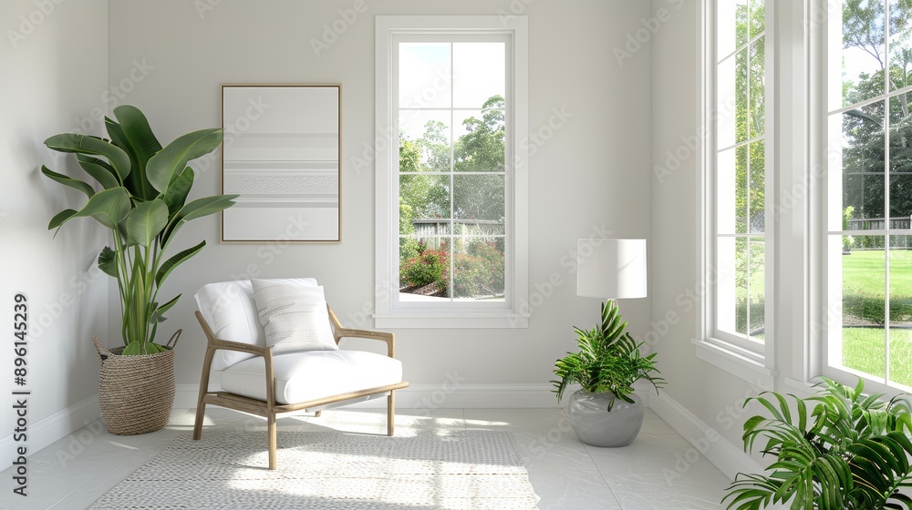 A bright and airy sunroom with comfortable seating, plants, and a view of the garden, with copy space, high-resolution photo, realistic photo, hyper realistic A bright and airy sunroom with comfortable seating, plants, and a view of the garden, with copy space, high-resolution photo, realistic photo, hyper realistic
