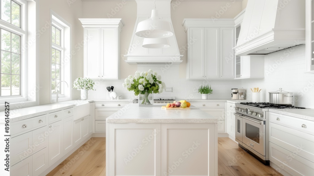 © JP STUDIO LAB - A bright and airy kitchen with white cabinets, a large island, and fresh flowers, with copy space, high-resolution photo, realistic photo, hyper realistic © JP STUDIO LAB - A bright and airy kitchen with white cabinets, a large island, and fresh flowers, with copy space, high-resolution photo, realistic photo, hyper realistic
