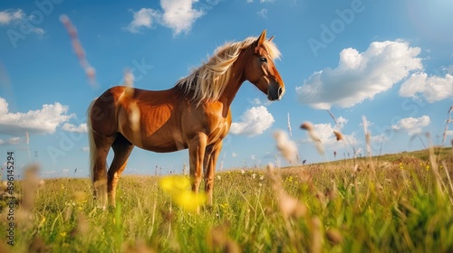 Horse in a Field Under a Blue Sky