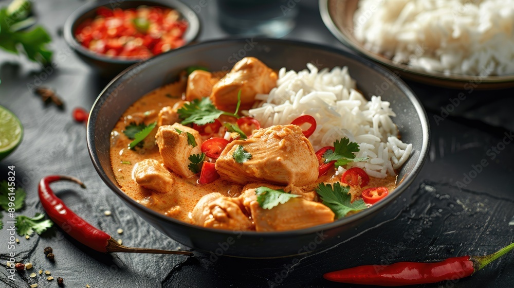 Savory chicken curry with coconut milk and spices, served with rice Savory chicken curry with coconut milk and spices, served with rice