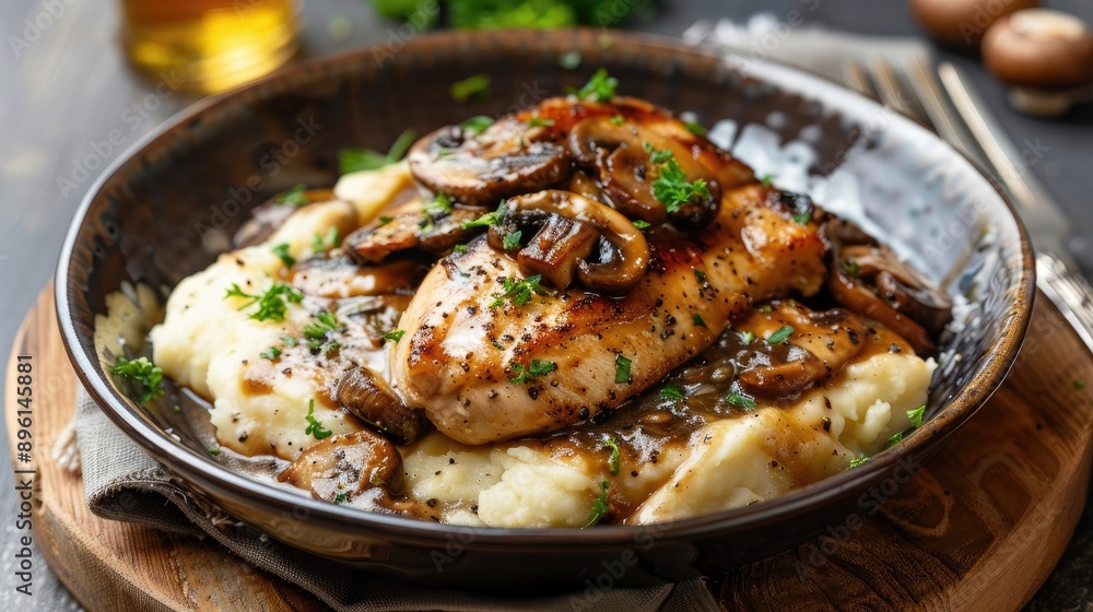 Savory chicken marsala with mushrooms and marsala wine sauce, served with mashed potatoes Savory chicken marsala with mushrooms and marsala wine sauce, served with mashed potatoes
