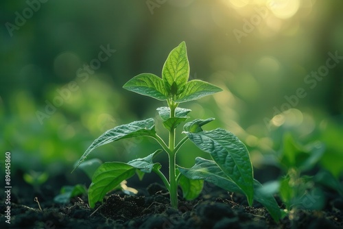 Young Withania plant in a serene countryside field, exemplifying dicotyledonous traits, soft sunlight, natural and peaceful