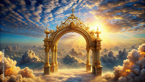 Majestic ethereal gateway floats amidst whimsical cloud formations, adorned with a radiant golden archway, evoking a sense of mystique and celestial wonder. photo