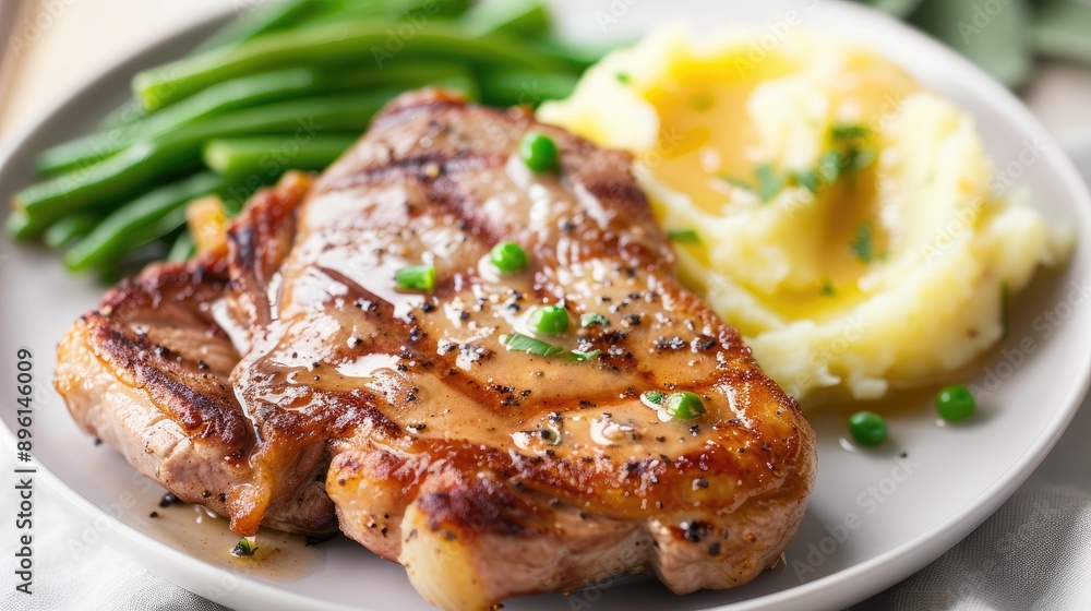 Savory pork chops with apple sauce, served with mashed potatoes and green beans Savory pork chops with apple sauce, served with mashed potatoes and green beans