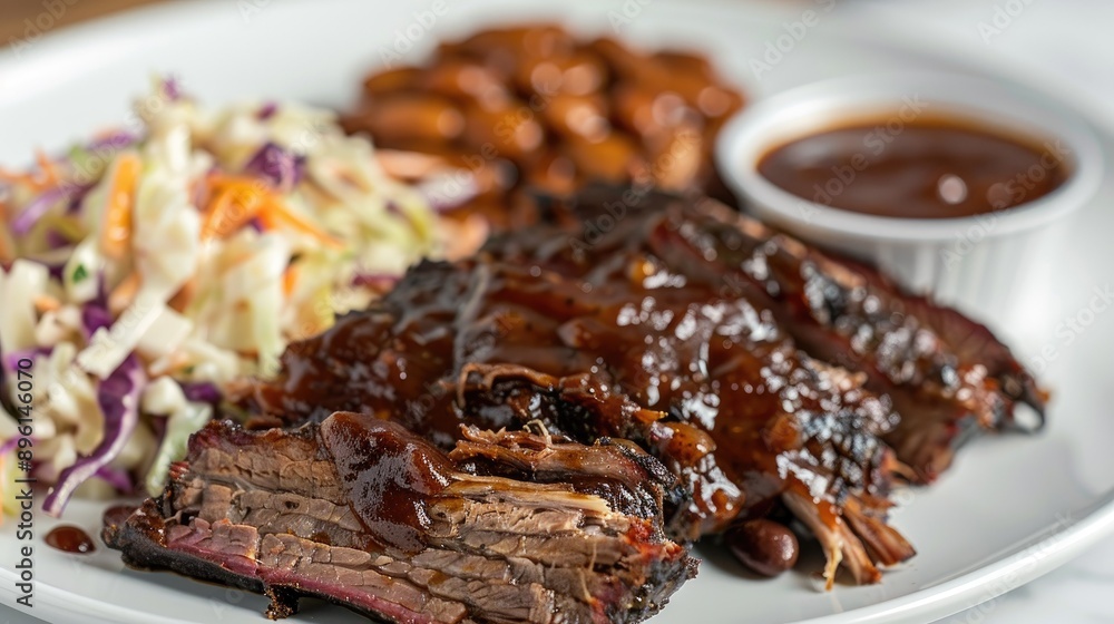 Savory pulled beef brisket with barbecue sauce, served with coleslaw and baked beans Savory pulled beef brisket with barbecue sauce, served with coleslaw and baked beans