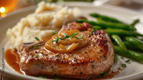 Savory pork chops with apple sauce, served with mashed potatoes and green beans