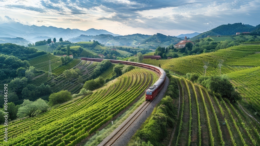 Scenic train journey through rolling hills and vineyards Scenic train journey through rolling hills and vineyards