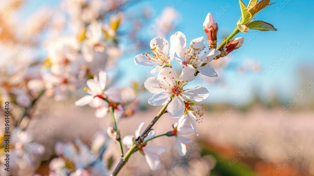 Scenic view of an almond orchard in bloom under a blue sky Scenic view of an almond orchard in bloom under a blue sky