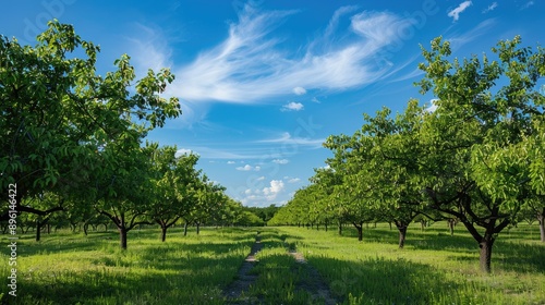 Scenic view of a walnut orchard with rows of trees under a blue sky