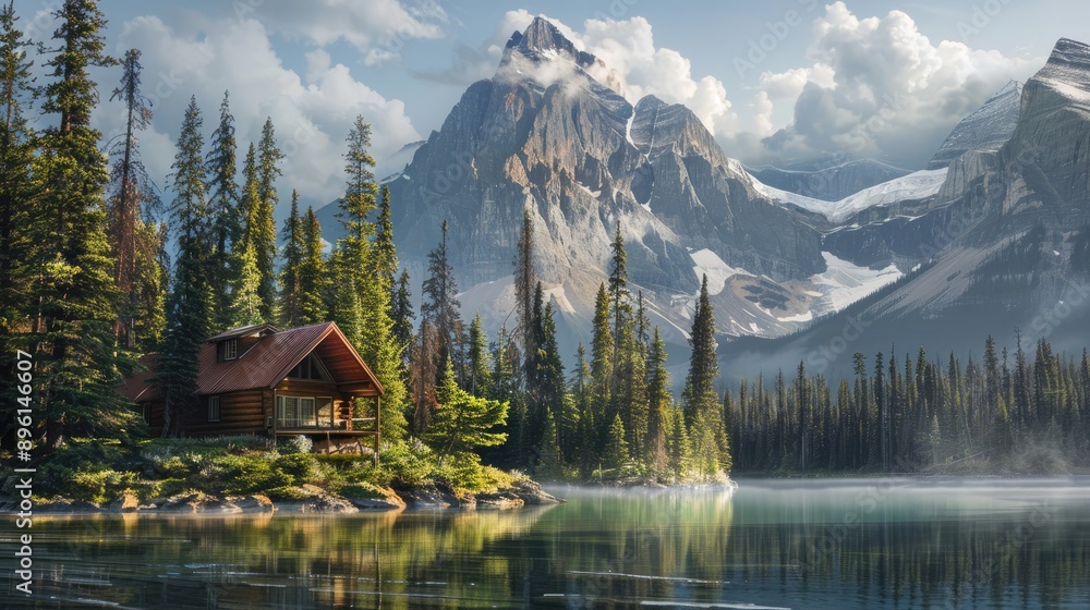 Fototapeta premium Serene mountain landscape with a cabin by a lake