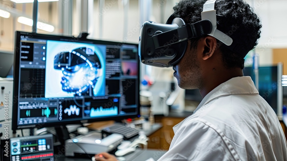 Scientist using a virtual reality headset for simulations Scientist using a virtual reality headset for simulations