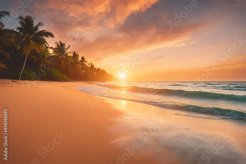 Sunrise sea sand beach. Inspire tropical beach seascape horizon. Orange and golden sunset sky calmness tranquil relaxing sunlight summer mood. Vacation travel holiday banner.