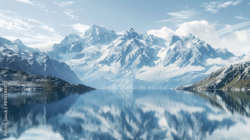 Snowy mountain peaks reflecting in a calm alpine lake Snowy mountain peaks reflecting in a calm alpine lake